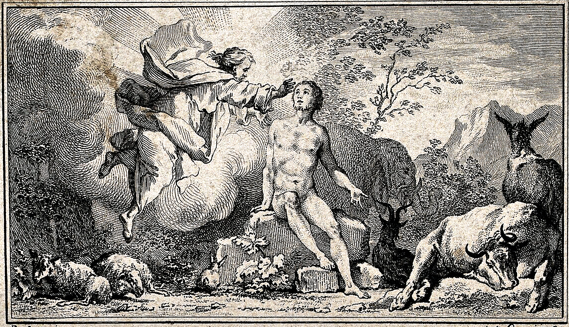 Бог простирает руку, даруя жизнь Адаму. Гравюра Ж.-Ж. Паскье по оригиналу Ж. де Сева.