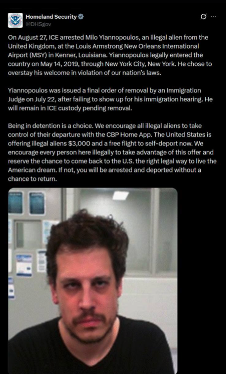 The US Department of Homeland Security announces Milo Yiannopoulos’s arrest. Screenshot: DHS / X
