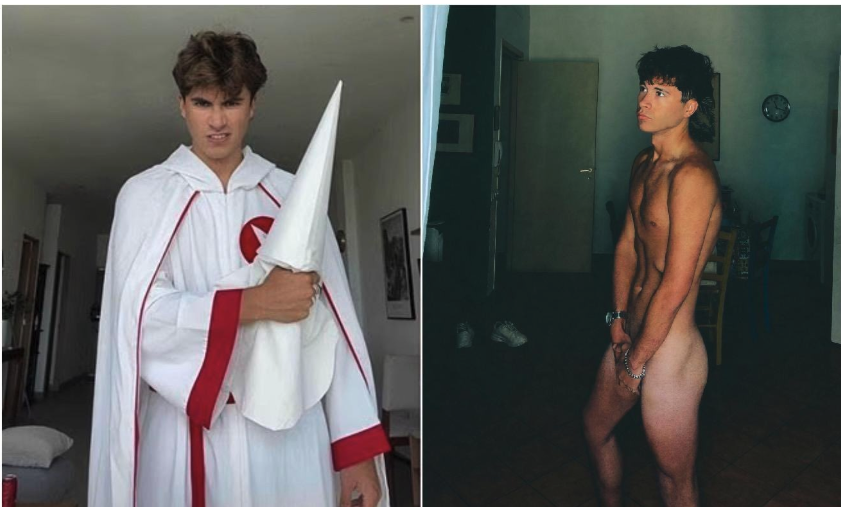 Images from Preston Parra’s social media: at left, a KKK-robed scene he says was made with Grok; at right, a photograph of Parra. Source: Preston Parra / X via Daily Mail