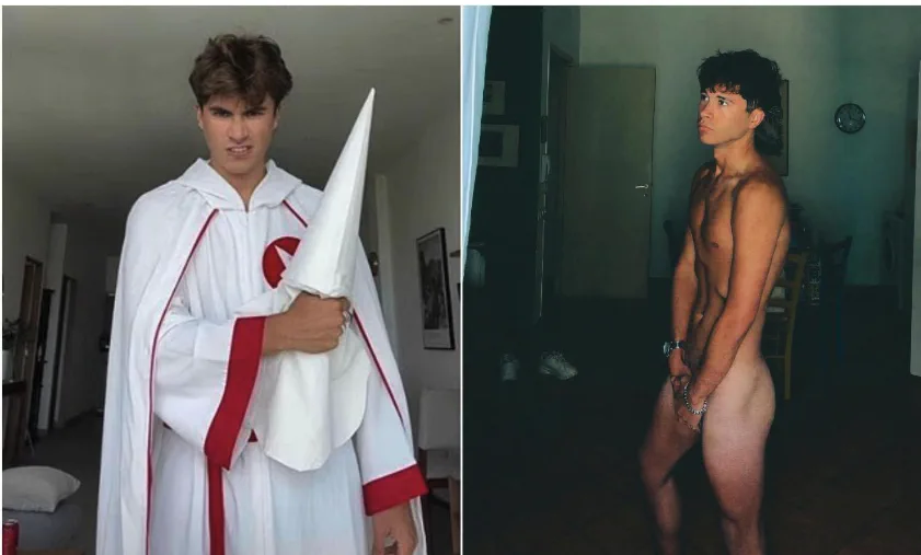 Bilder aus Preston Parras sozialen Medien: links eine Szene in KKK-Kleidung, die laut Parra mit Grok erstellt wurde; rechts ein Foto von ihm. Quelle: Preston Parra / X via Daily Mail