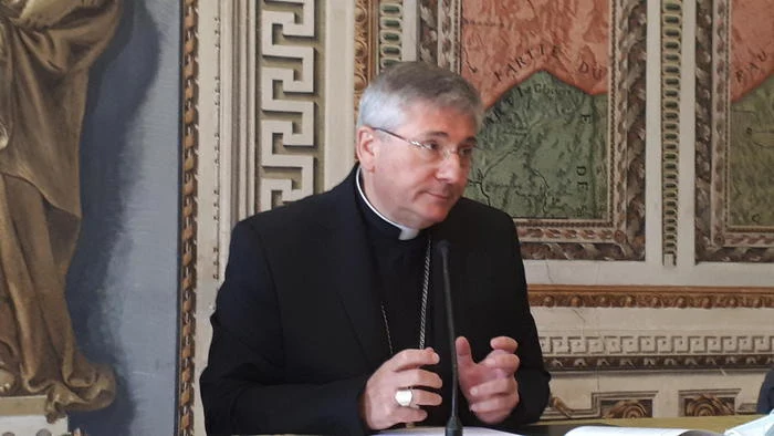 Bishop of Aosta Franco Lovignana during a public address. Photo: ANSA