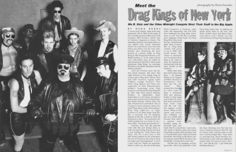 A spread from Dragazine featuring an article on New York drag kings. Text: Nora Burns, photo: Efrain Gonzalez / Dragazine (Freddie Bercovitz archive)