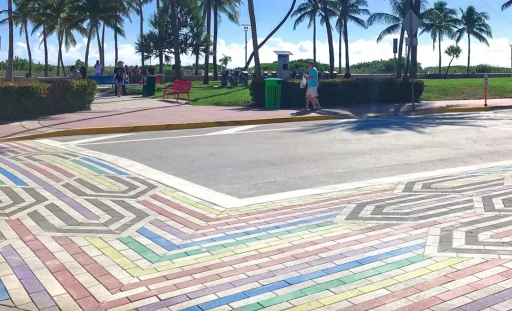 The rainbow crosswalk on Ocean Drive in South Beach, Miami Beach, later removed under state directives. Photo: Savino & Miller Design Studio