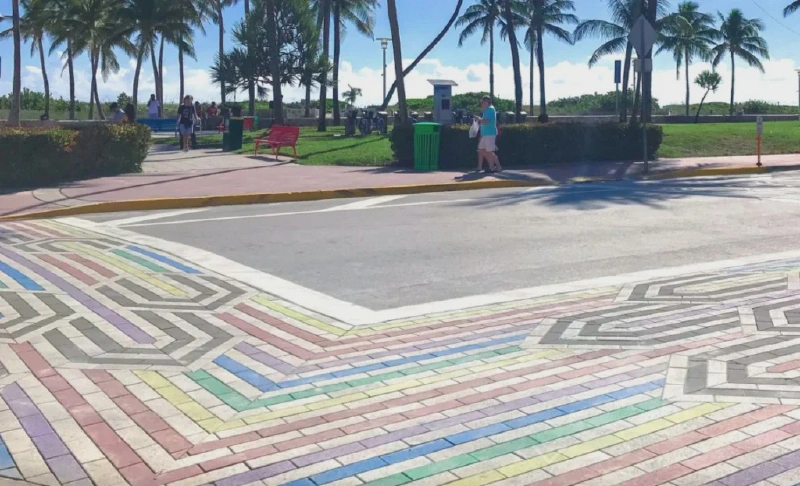 The rainbow crosswalk on Ocean Drive in South Beach, Miami Beach, later removed under state directives. Photo: Savino & Miller Design Studio