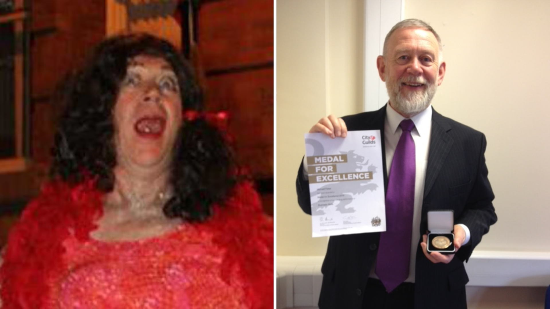 Michael Felse como su alter ego drag Ethol Mary (a la izquierda) y en su vida cotidiana (a la derecha)