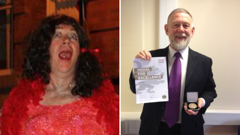 Michael Felse as his drag alter ego Ethol Mary (left) and in everyday life (right)