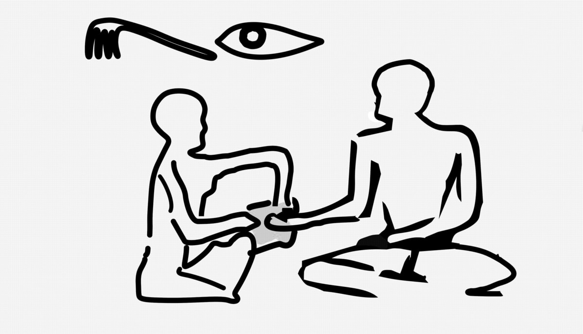 Un manicurista de la V dinastía trabajando. Sostiene una tablilla para fijar la mano del cliente, presionándola contra su rodilla; corta las uñas con un cuchillo de pedernal. Es uno de los relieves de esta tumba.