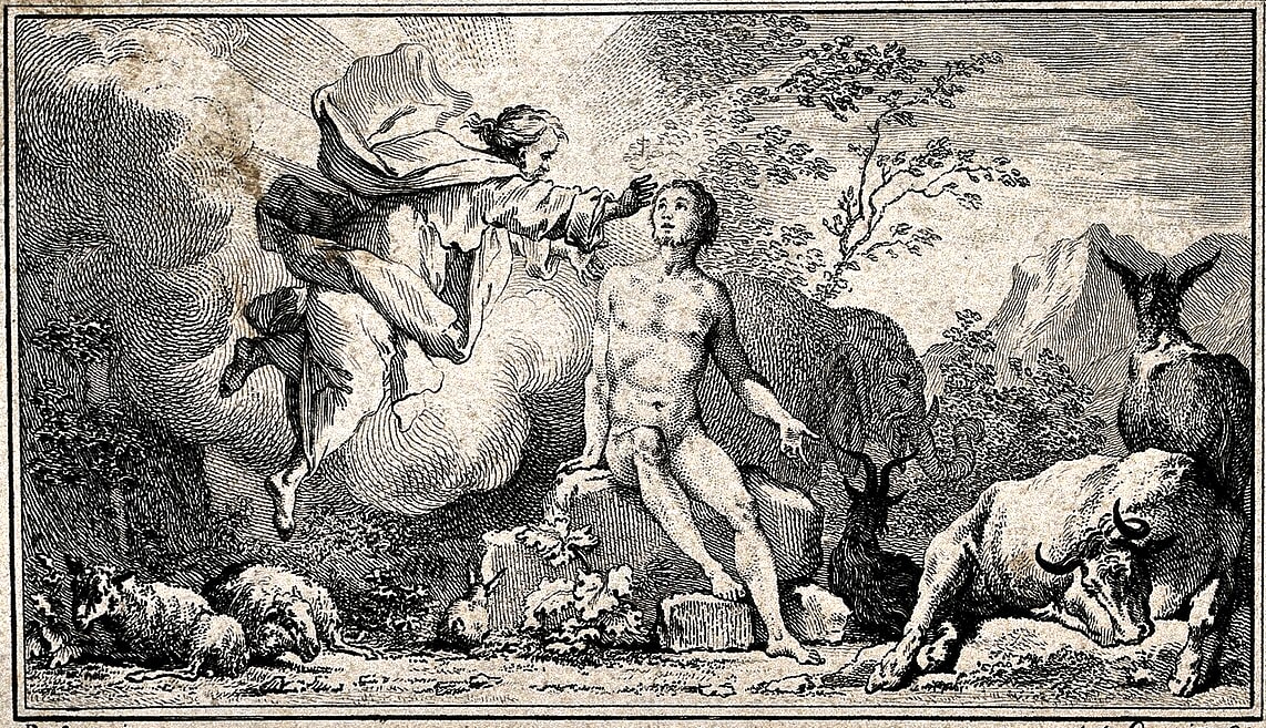 Dios extiende la mano dando la vida a Adán. Grabado de J.-J. Pasquier a partir de un original de J. de Sève.