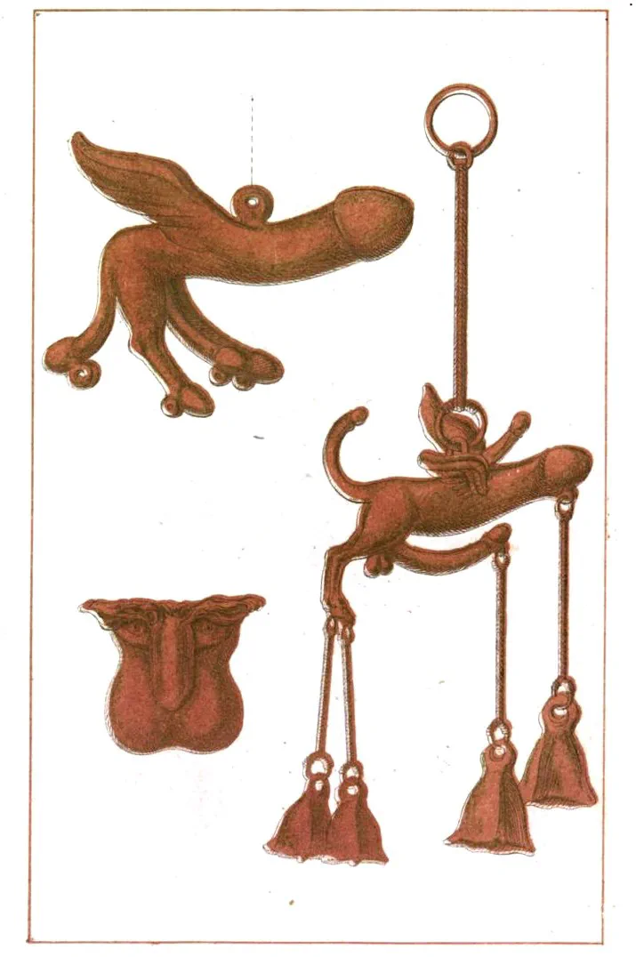 कार्ल फ्रीड्रिख फ्लोगेल की हिस्ट्री ऑफ द ग्रोटेस्क-कॉमिक, 1862 संस्करण से शिश्न-ताबीज़ों का चित्रण। Wikimedia.