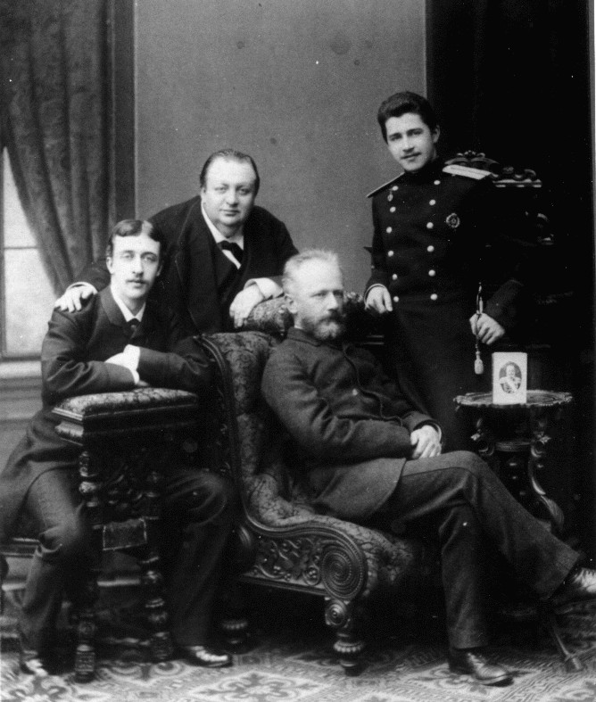 Aleksandr Zhedrinsky, Aleksey Apukhtin, Pyotr Tchaikovsky, and Georgy Kartsov. March 1884.