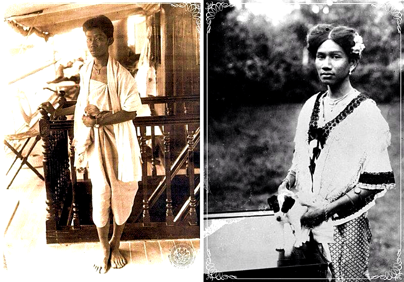 Hombres con trajes femeninos para una representación teatral en la época de Rama VI. Así podrían haber lucido los miembros de la compañía de Rakronnaret